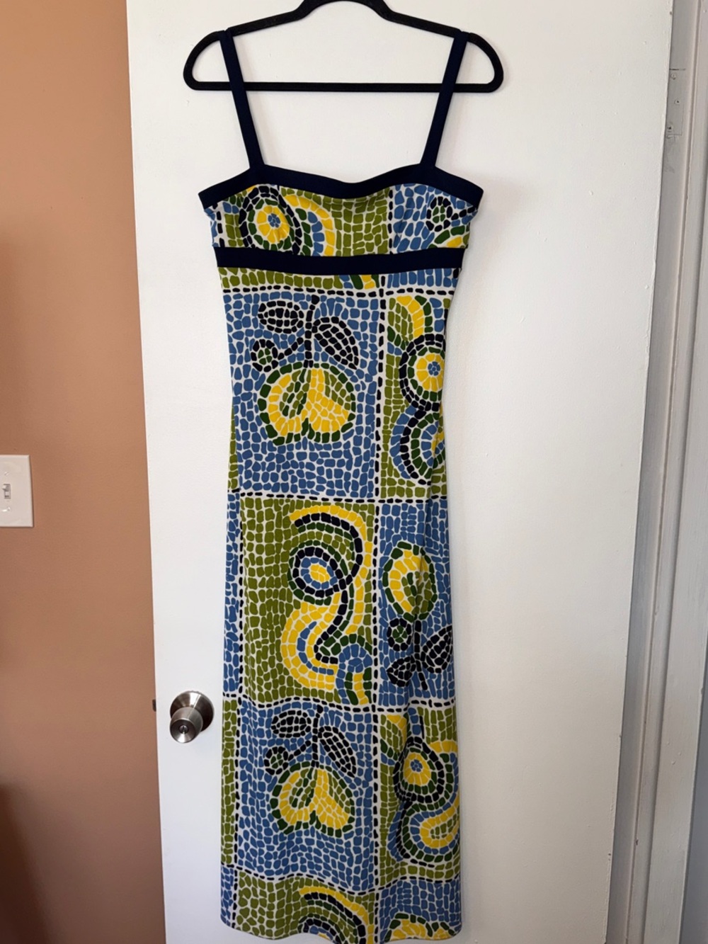 Vintage BCBG Sleeveless Blue and Green Mosaic Maxi Dress